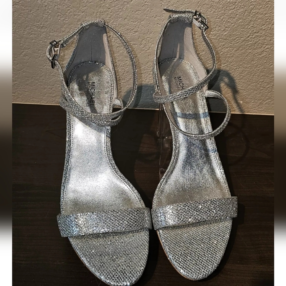 Michael Michael Kors Ava Mid Sandal Silver Sizes 9.5 Womens Bling Shiney
